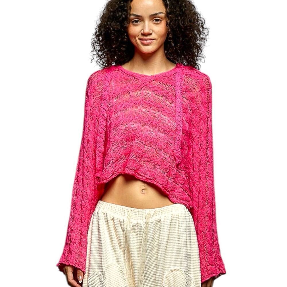 POL Hot Pink Open Knit Cropped Hoodie Sweater Boho Lace Long Sleeve Top NEW
